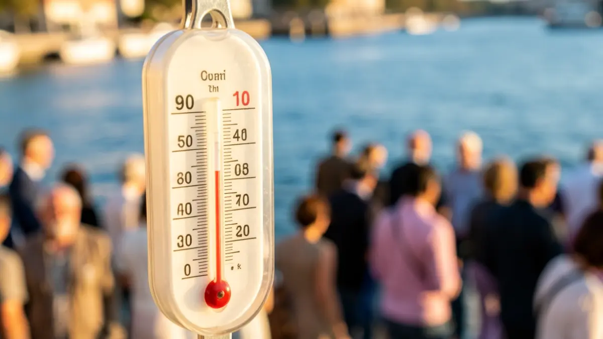 Imagen genérica de un termómetro marcando alta temperatura con agua borrosa al fondo.