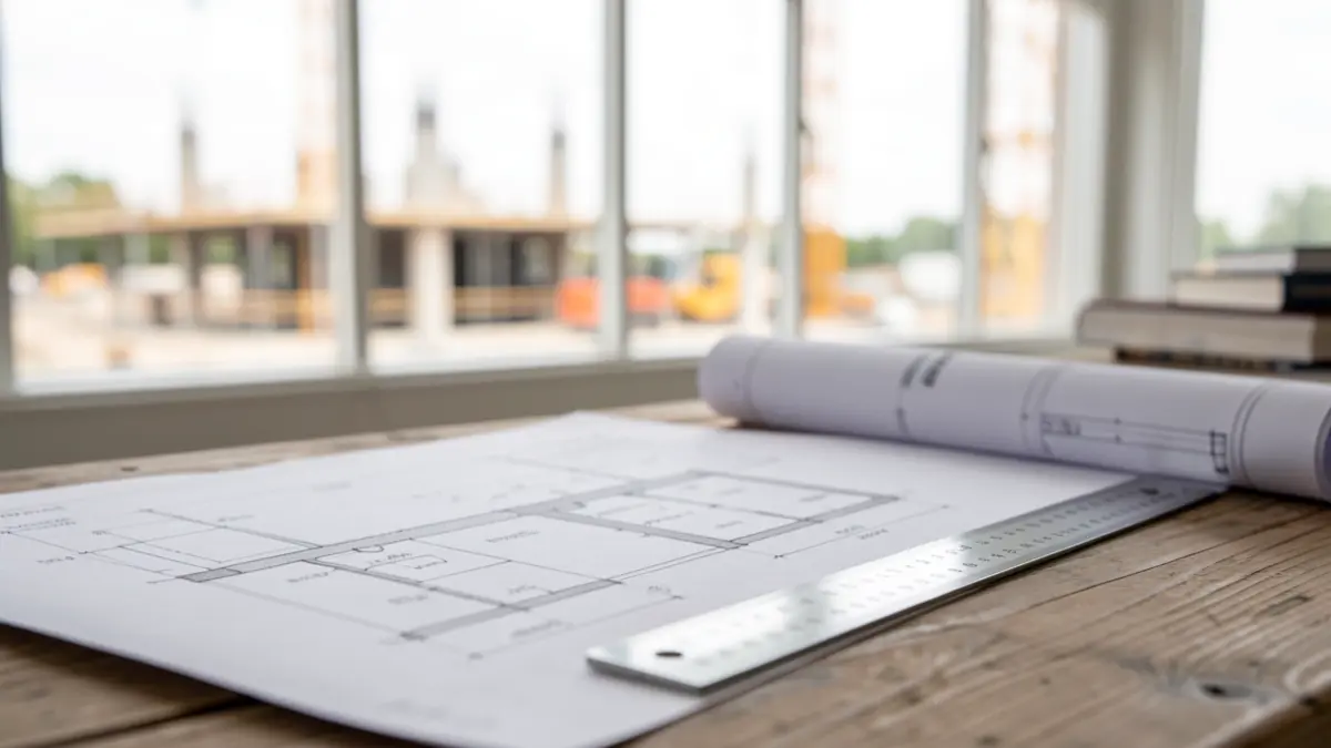Generic image of architectural blueprints and measuring tools on a table.