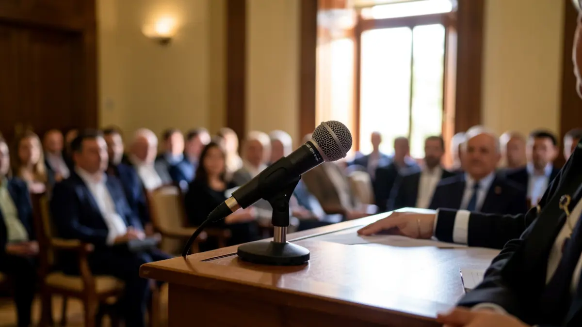 Generic image of a microphone in an event room.