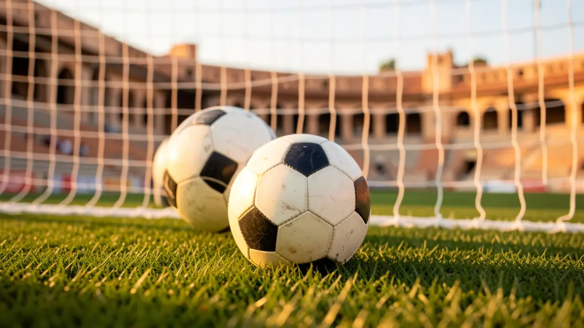 Generic image of a soccer ball on grass in a stadium.
