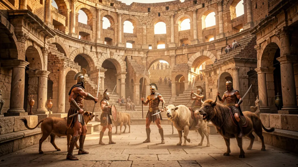 Recreació de realitat mixta a l'Amfiteatre de Tarragona amb gladiadors i animals.