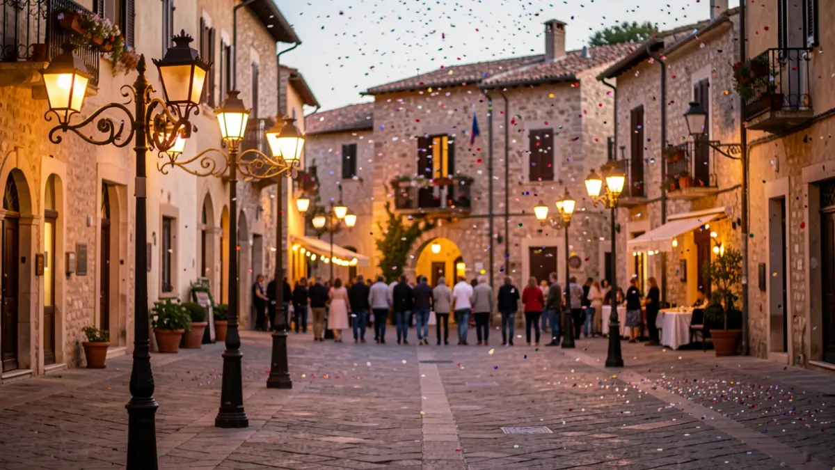 Ambiente festivo en una plaza con iluminación cálida y decoración tradicional.