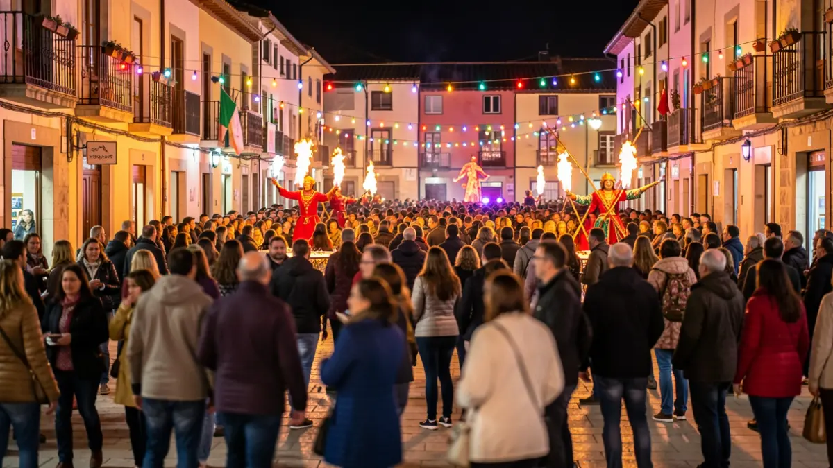 Night atmosphere of a popular festival in Catalonia with fire and crowds.