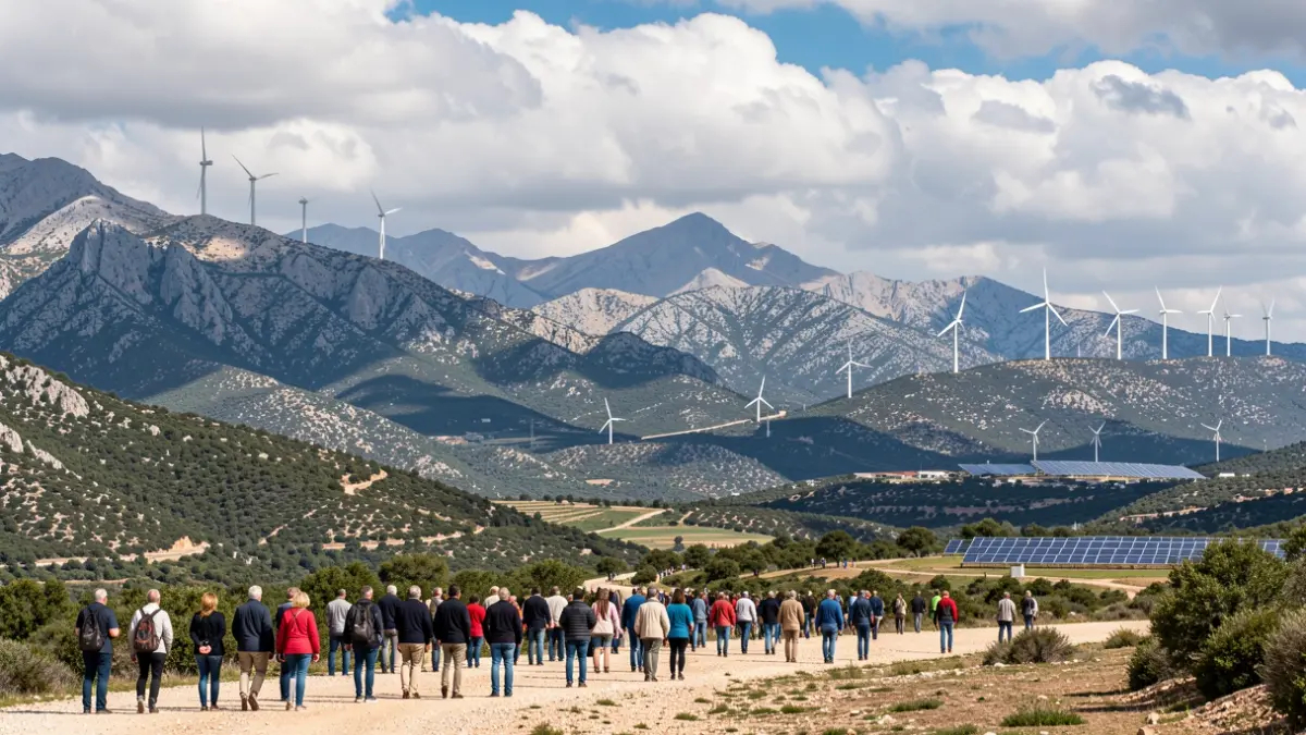Mountain landscape in Catalunya with wind turbines and solar panels in the background.