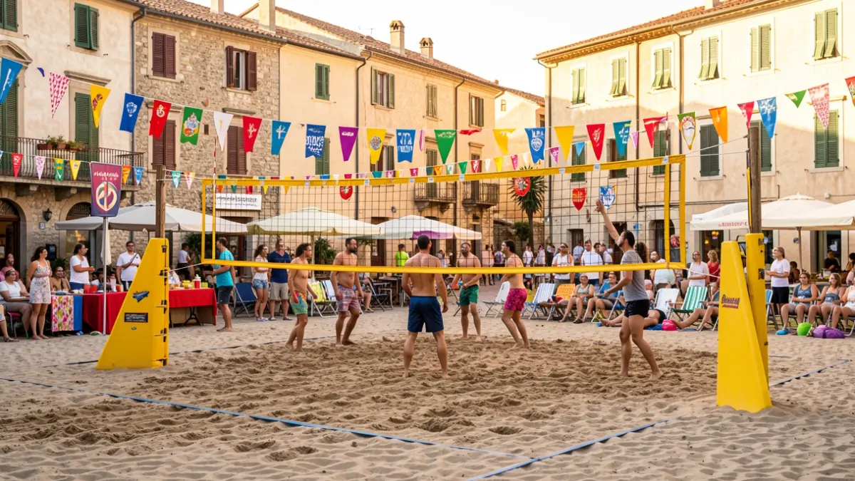 Pista de voleibol de playa instalada en la plaza de L'Armentera durante la Fiesta Mayor.