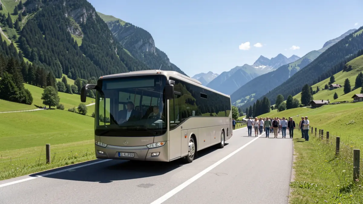 Generic image of a modern bus traveling on a scenic road with mountains in the background.