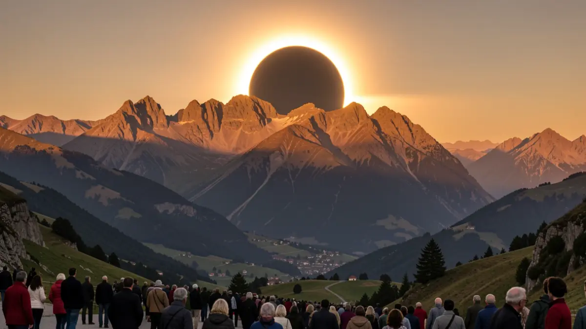 Generic image of a total solar eclipse over the Pyrenees landscape.