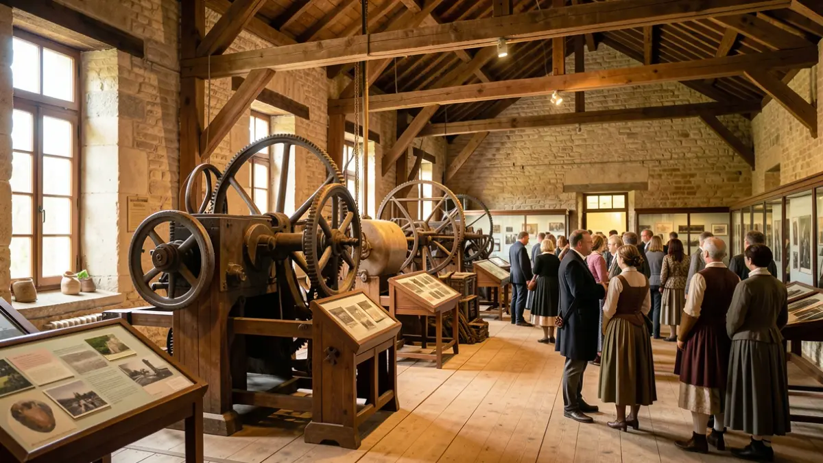 Interior del Ecomuseo Harinera de Castelló d'Empúries con maquinaria antigua y elementos interactivos.