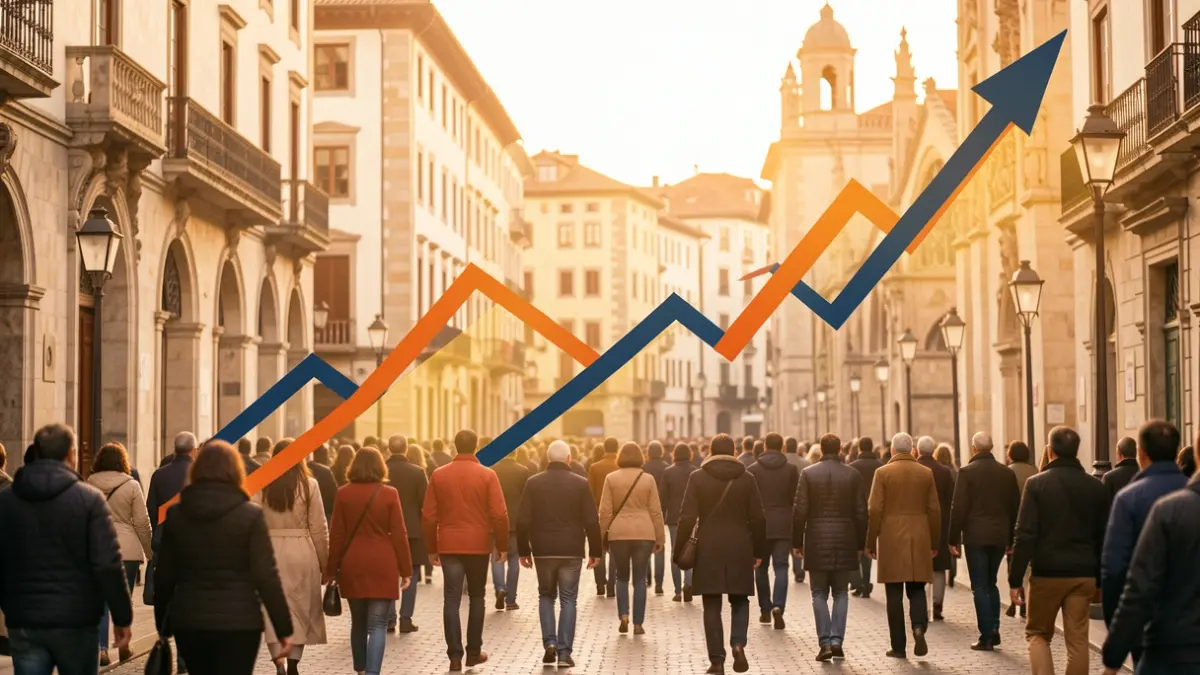 Economic growth charts against a Catalan architectural background.
