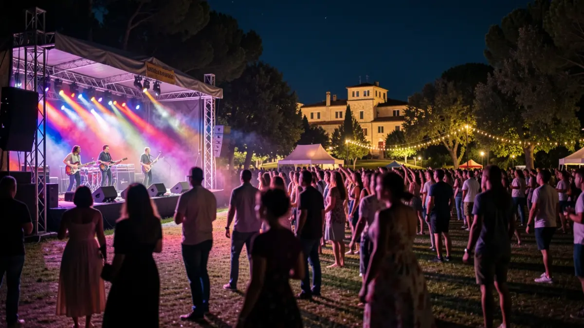 Escenari de festival de música a l'aire lliure durant la nit.