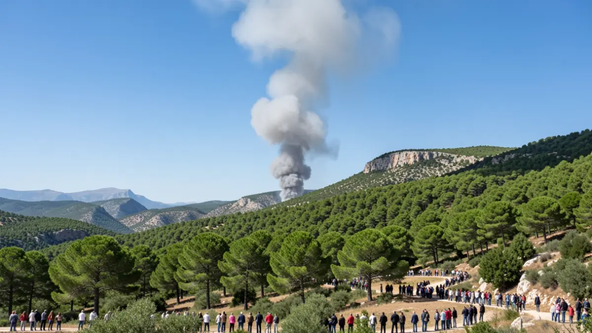 Smoke column over the Gavarres massif during the forest fire.