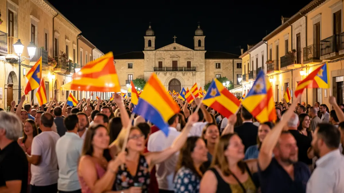 Multitud celebrando Les Santes de Mataró con esteladas y gritos de independencia.