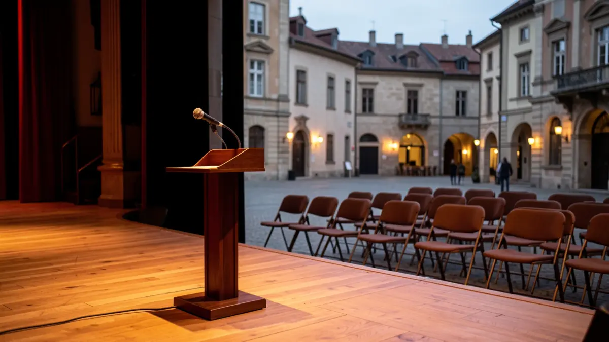 Escenari preparat per a una actuació cultural en una plaça històrica.