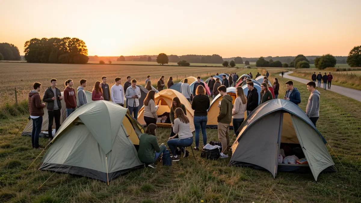 Young people setting up camping tents at dusk during a summer activity.
