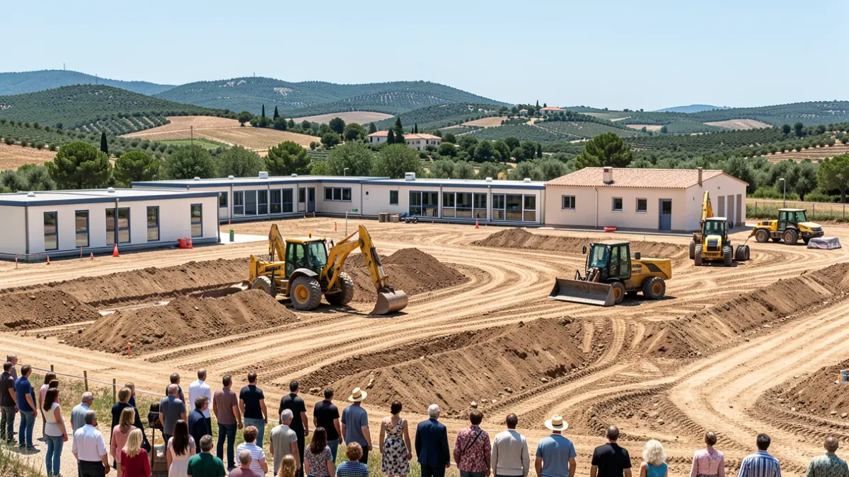 Obres de preparació de terrenys per a la nova escola de Cap Salou amb barracons.