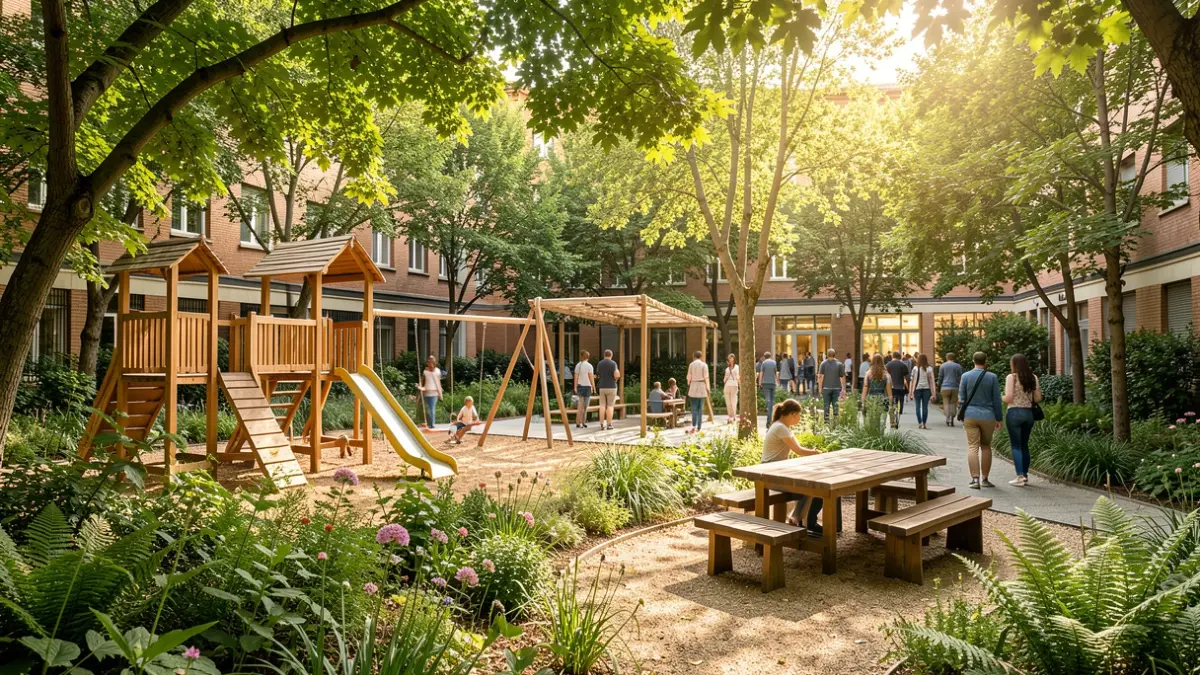 Generic image of a naturalized schoolyard in Barcelona with greenery and play areas.