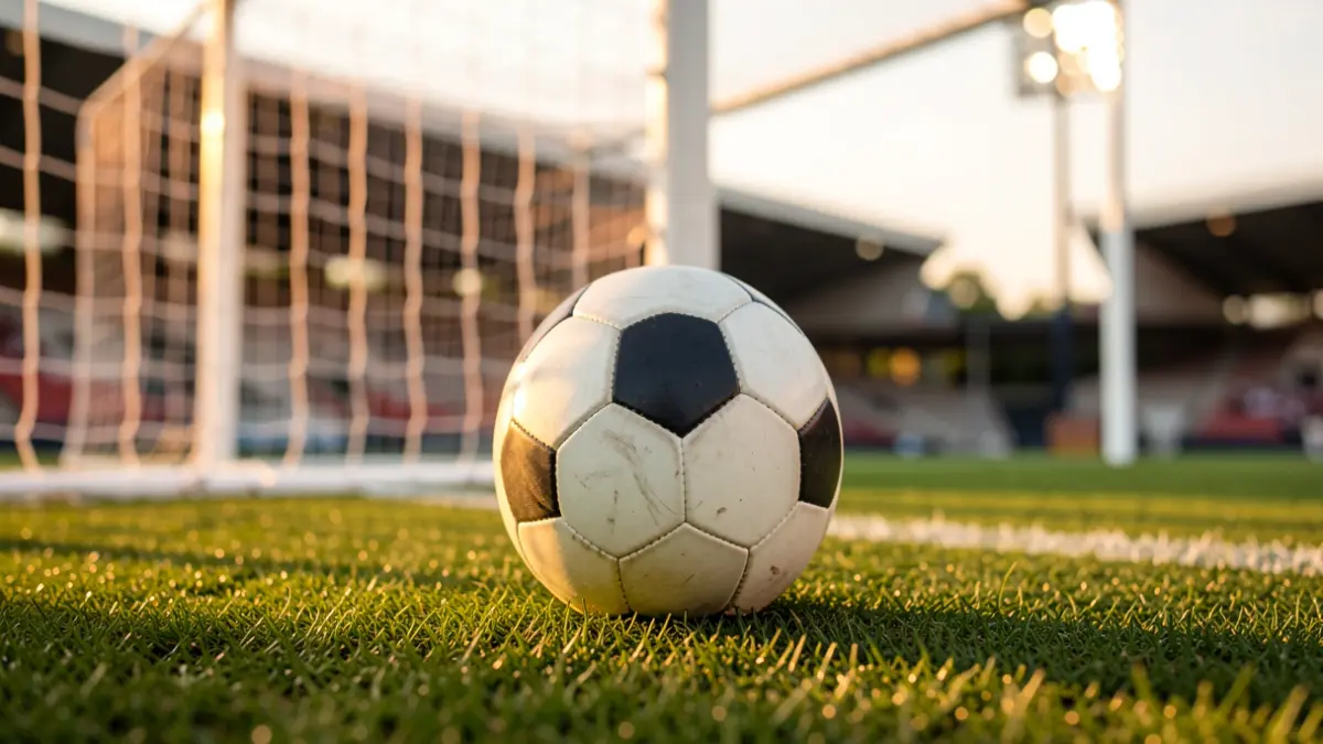 Generic image of a soccer ball on grass in a stadium.