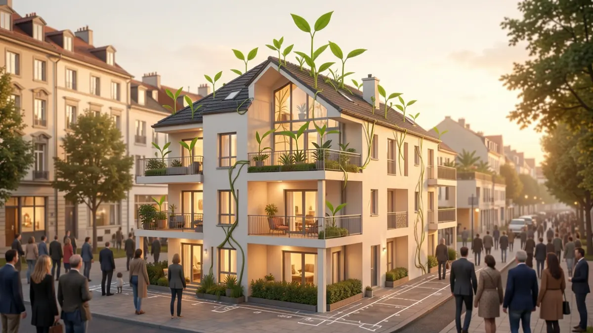 Imagen conceptual de estrategias de vivienda social con un plano y elementos verdes.
