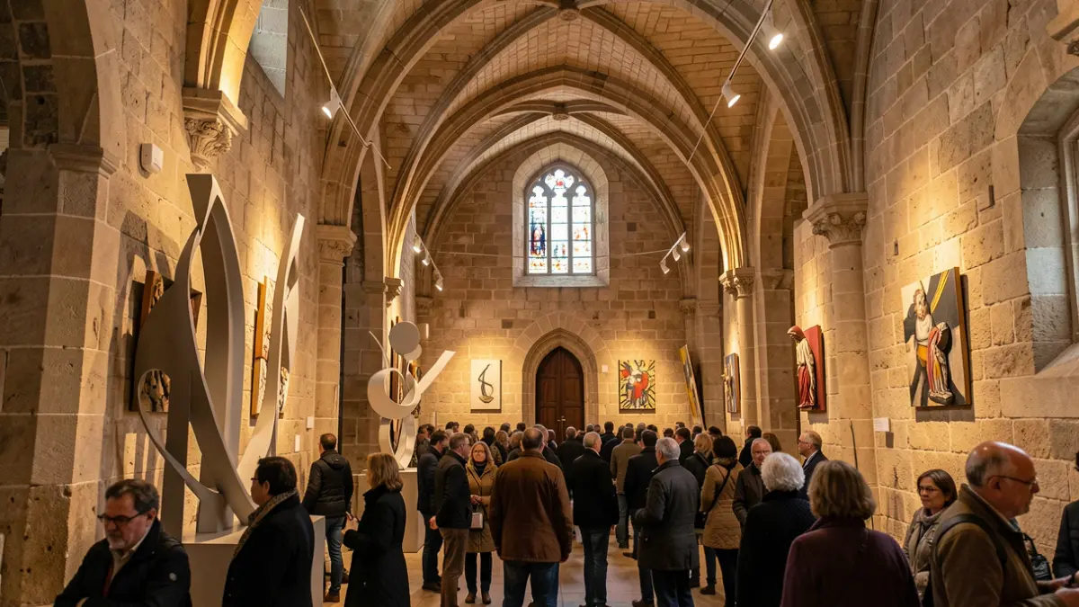 Interior of a convent chapel in Catalunya with contemporary art installations.