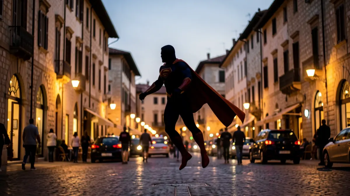 Imatge genèrica d'un superheroi aterrant en una ciutat mediterrània al capvespre.