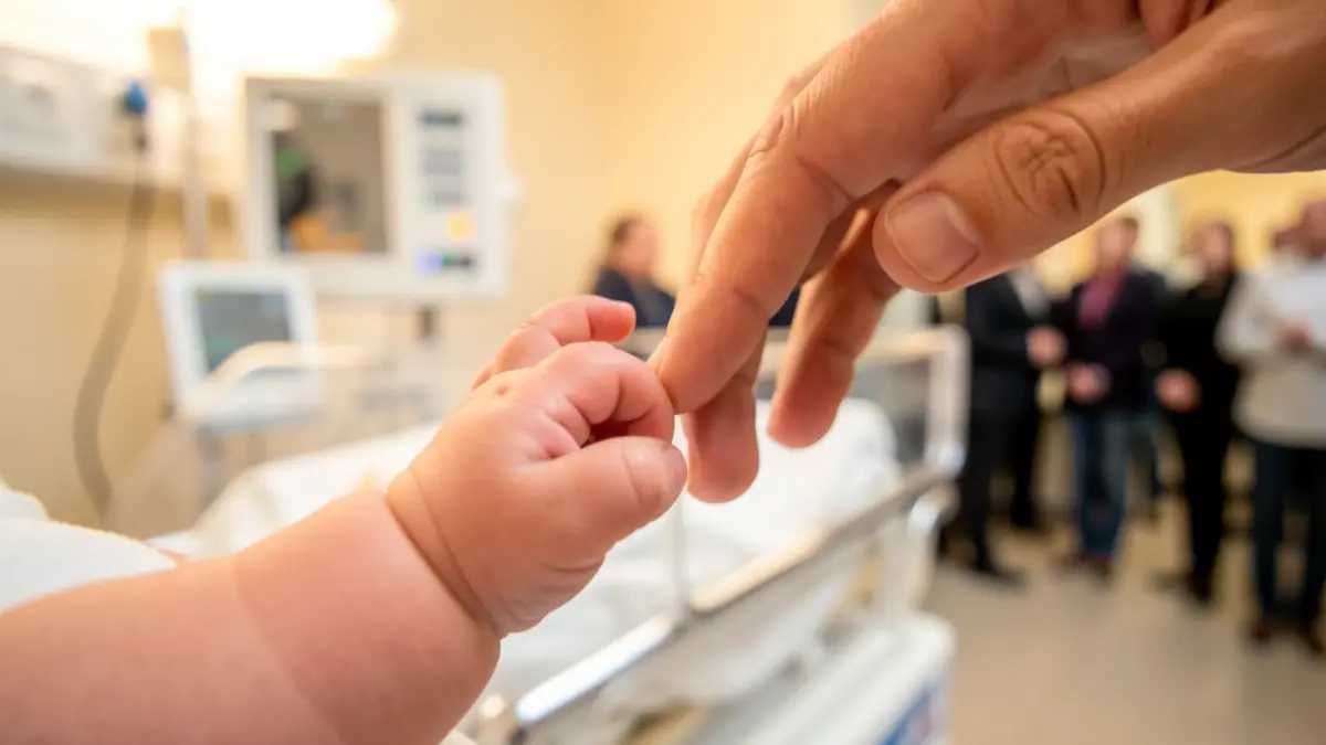 Un nadó ingressat a la Unitat Neonatal agafa el dit del seu progenitor.