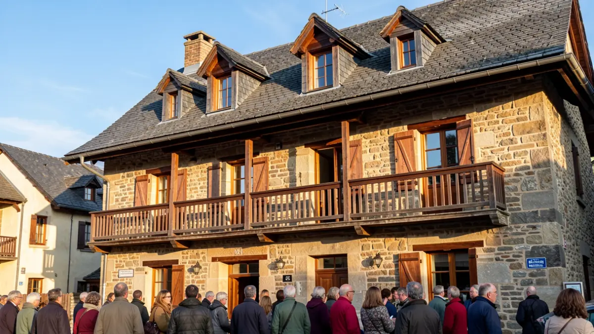 Fachada de un edificio tradicional en el Pirineo con balcones de madera y tejado de pizarra.