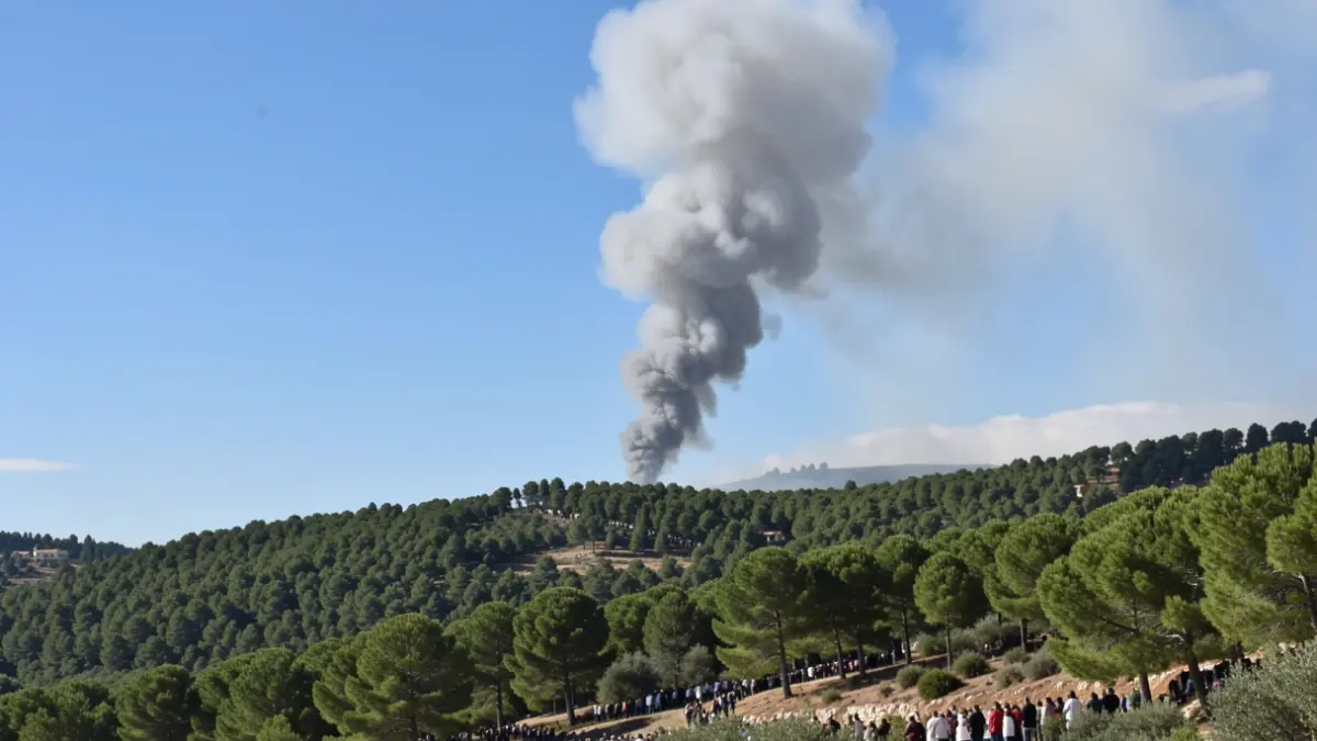 Column of smoke over a pine forest in Les Gavarres.
