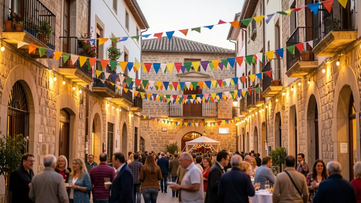 Imagen genérica de una fiesta mayor en un pueblo de Catalunya con decoraciones y gente al fondo.