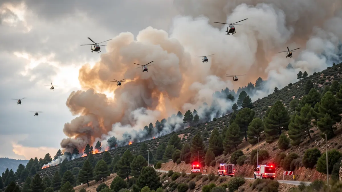 Image of a forest fire on a difficult-to-access mountain in Catalunya, with smoke and firefighting helicopters.