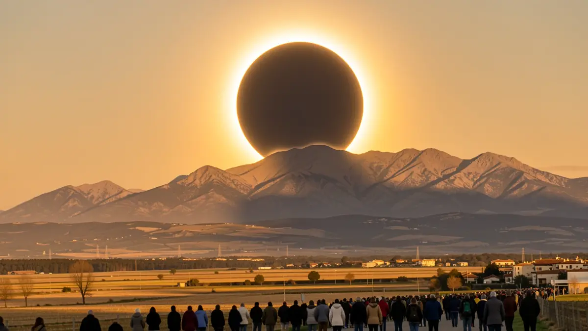 Imatge genèrica d'un eclipsi solar total sobre paisatge de muntanya i plana.