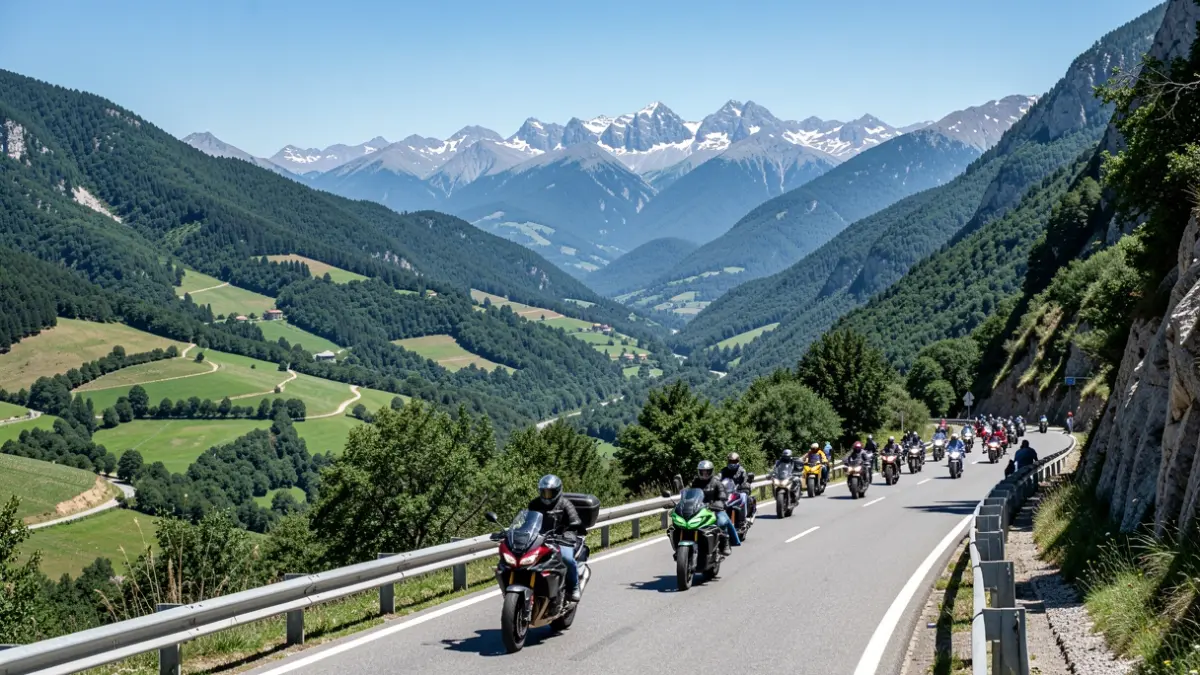 Carretera de muntanya escènica a Catalunya per a motoristes, amb valls verdes i els Pirineus al fons.