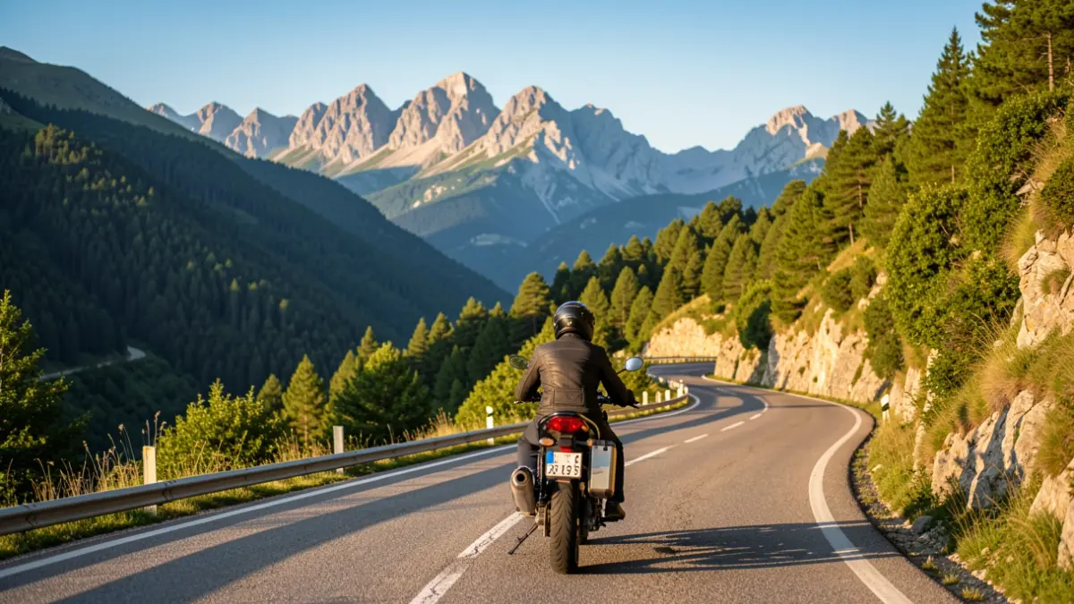 Carretera de muntanya al Pirineu català amb una motocicleta
