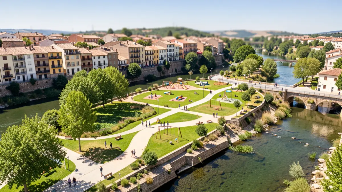 Aerial view of the Segre riverbank in Lleida transformed into a recreational area.