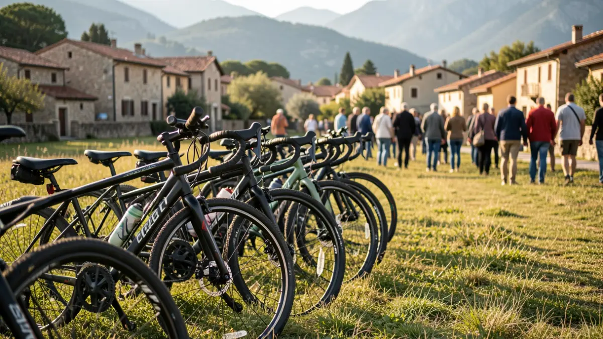 Gravel bikes parked in a field in Llívia.