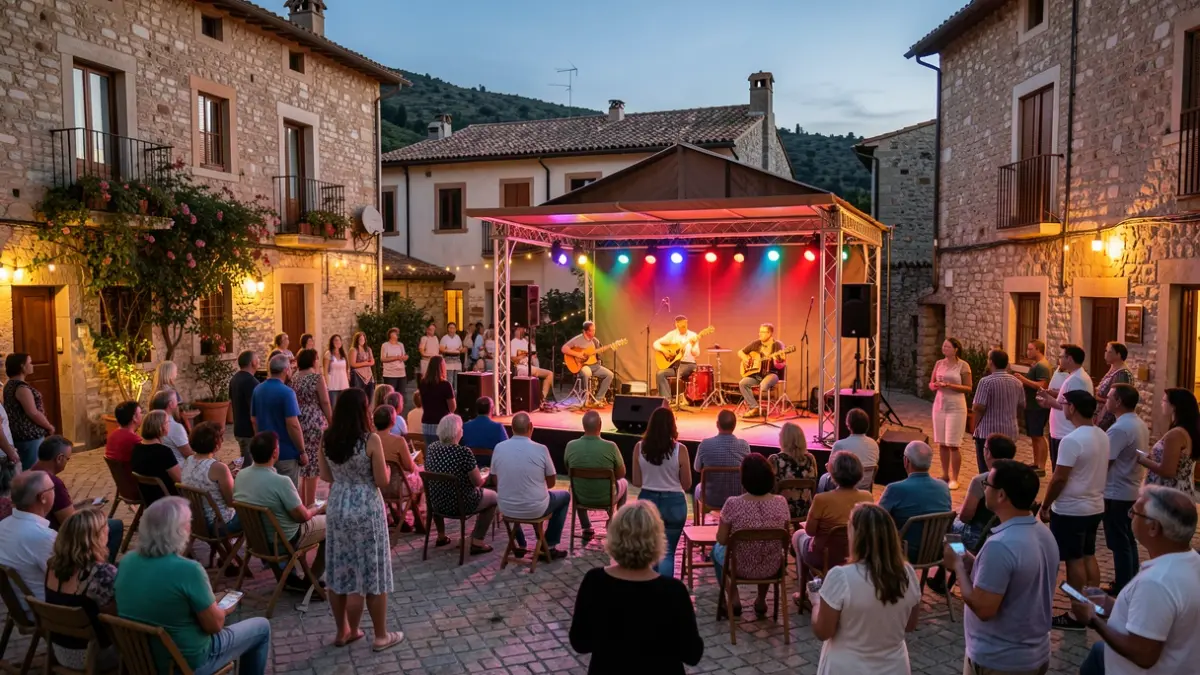 Escena de un festival cultural en la plaza de un pueblo catalán al atardecer con música y público.