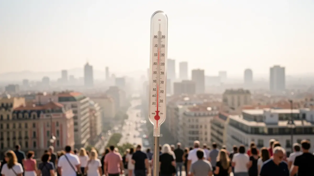 Thermometer showing extreme temperatures with the Barcelona skyline in the background.
