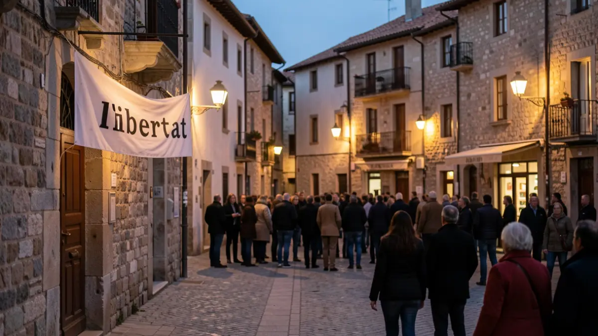 Protest in a Catalan town square at dusk with a 'freedom' banner.