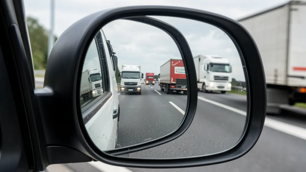 Reflection of a dangerous truck maneuver in a side mirror on a highway.