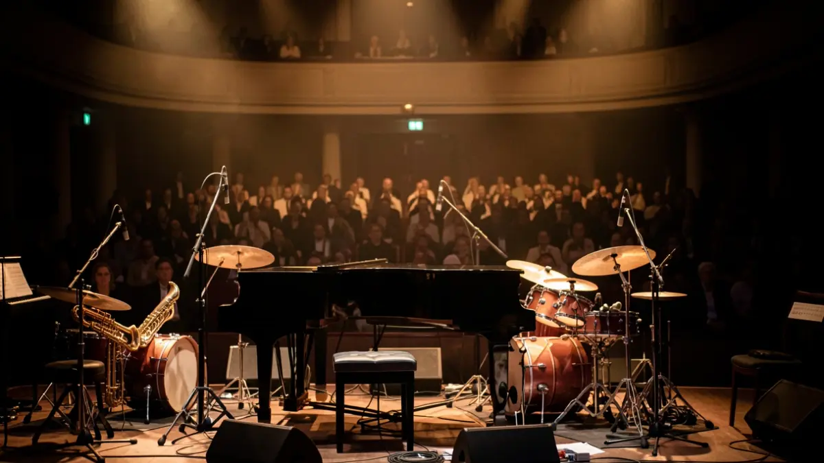 Generic image of a concert stage with musical instruments.