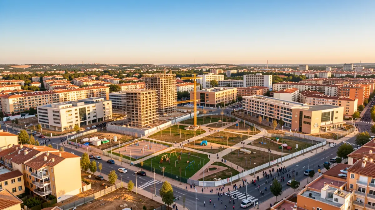 Vista aèria d'un nou desenvolupament urbanístic a Sabadell amb edificis comercials i residencials.