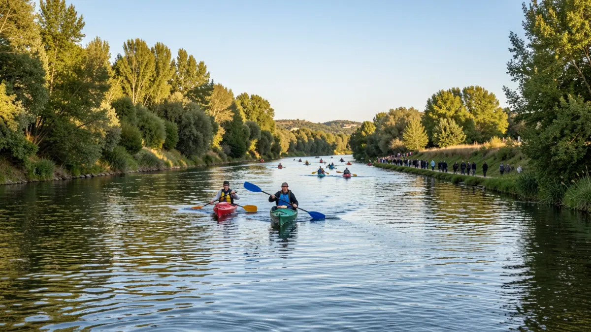 People kayaking down the Ter river during a festive event.