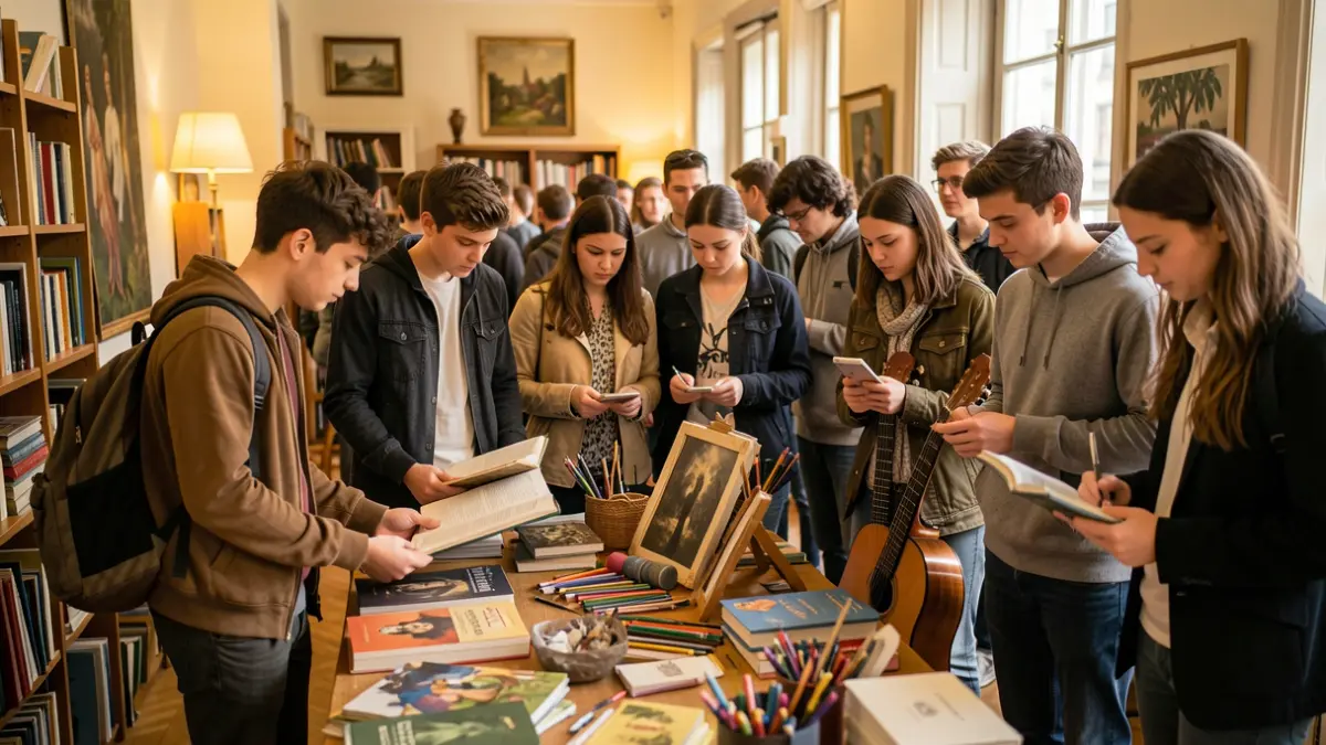Joves examinant elements culturals com llibres i instruments musicals.