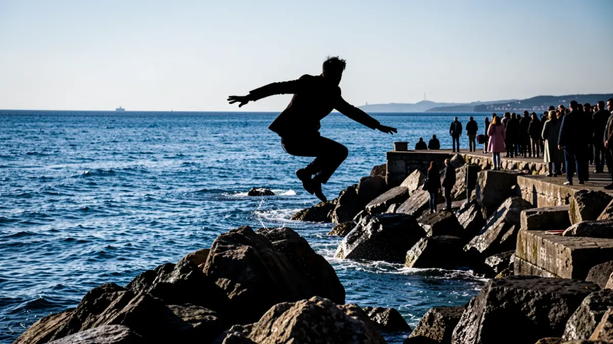 Silueta de una persona saltando desde una roca al mar.