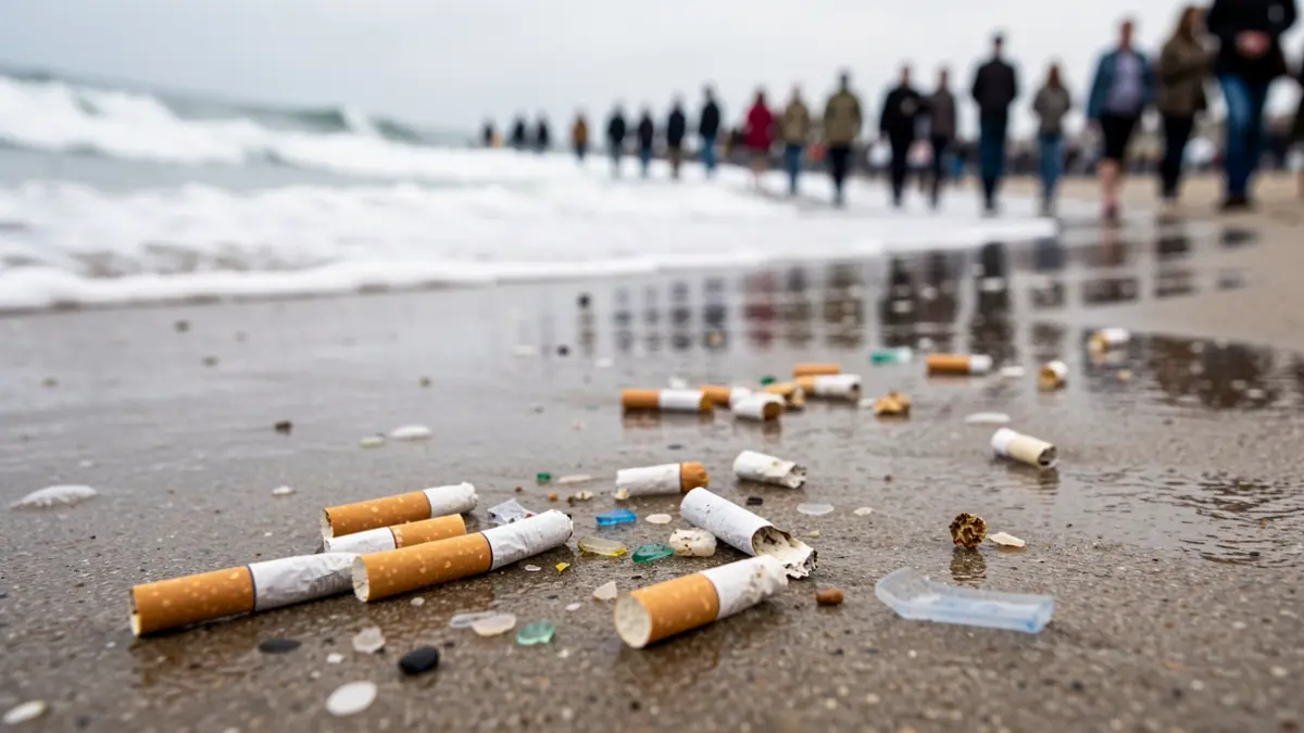 Imagen de colillas y fragmentos de plástico en la arena de una playa.