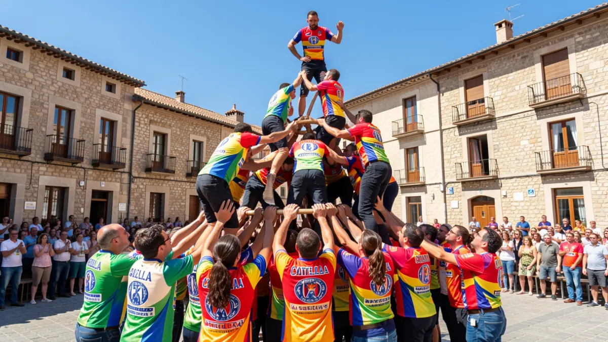 Generic image of 'castellers' performing a human tower in a Mediterranean town square.