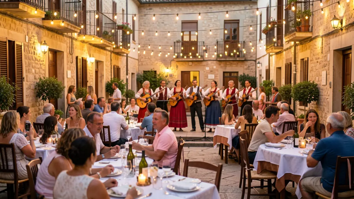 Ambiente festivo de una noche de verano en la plaza de un pueblo mediterráneo con cena popular y música de habaneras.