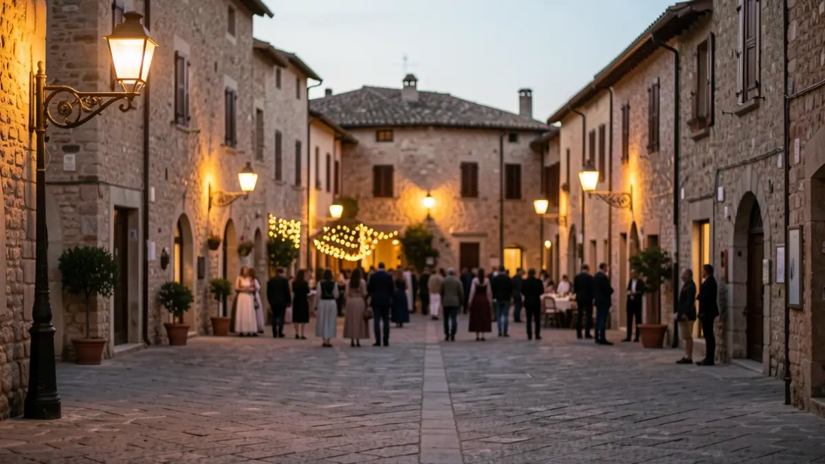 Festive atmosphere in a village square in the Alt Empordà during sunset.