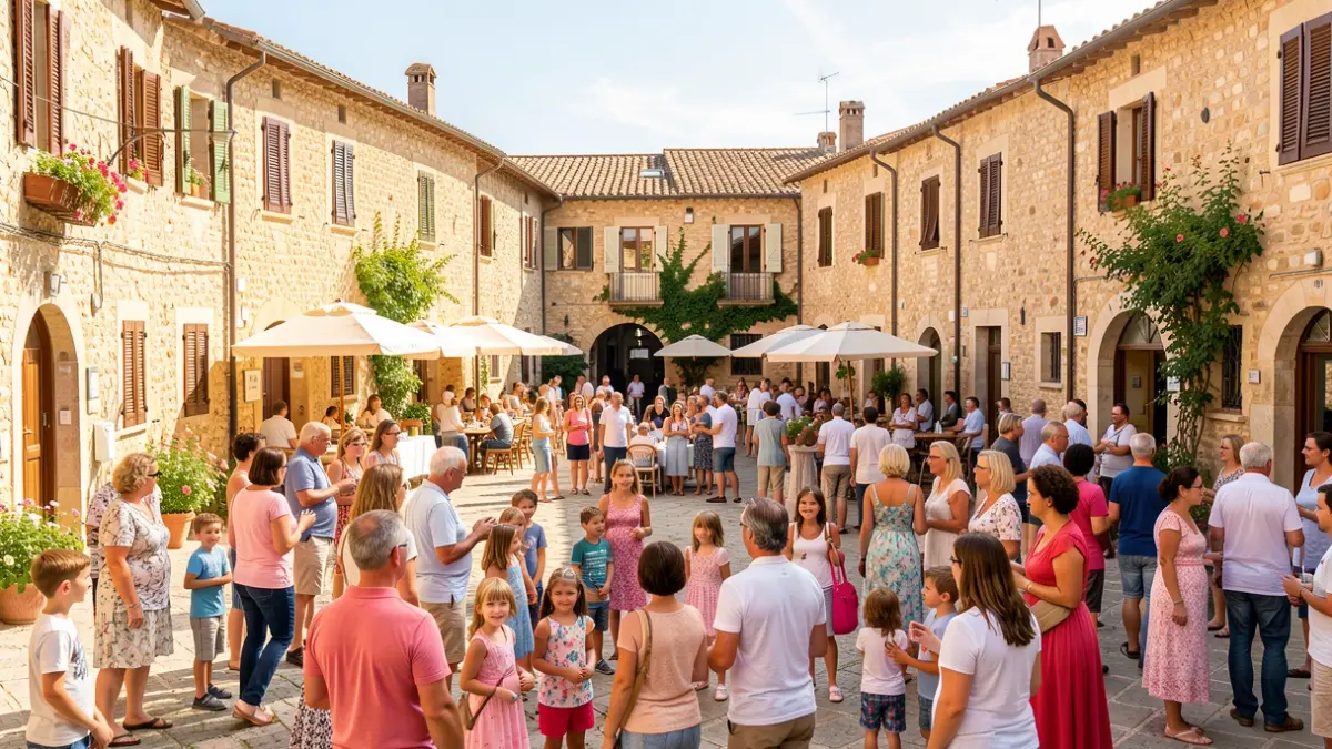 Imatge genèrica d'una plaça de poble mediterrani amb gent celebrant un esdeveniment.