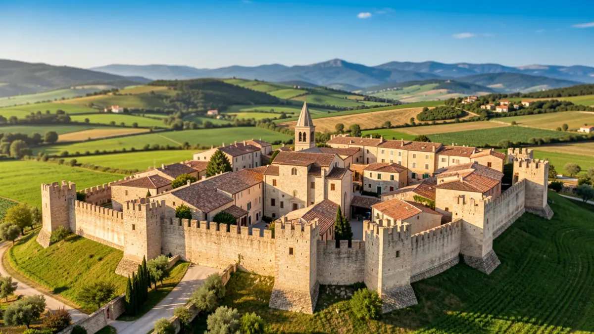 Aerial view of Montblanc with its medieval walls and rural surroundings.