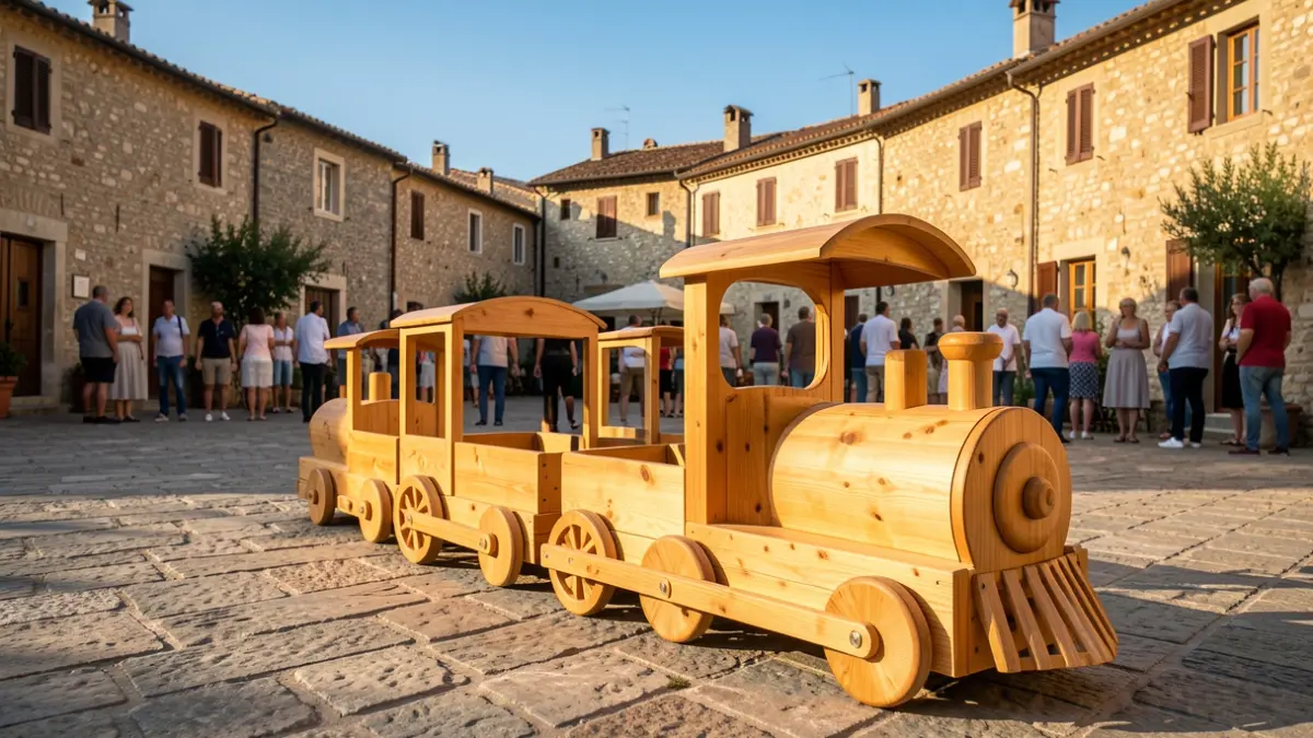 Tren de fusta artesanal instal·lat a la plaça de Montclar com a element de joc infantil.